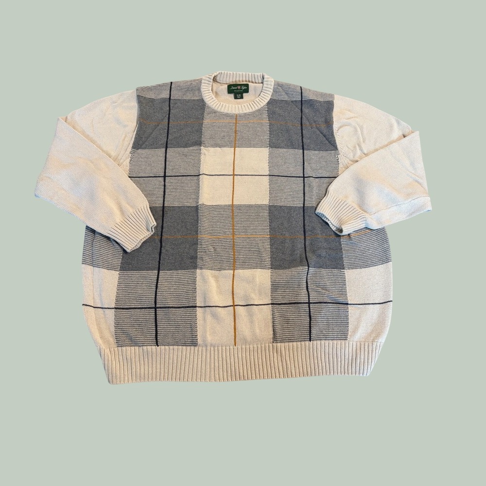 David Taylor Collection Mens XL Plaid Block Crewneck Sweater Cotton Cream Grey